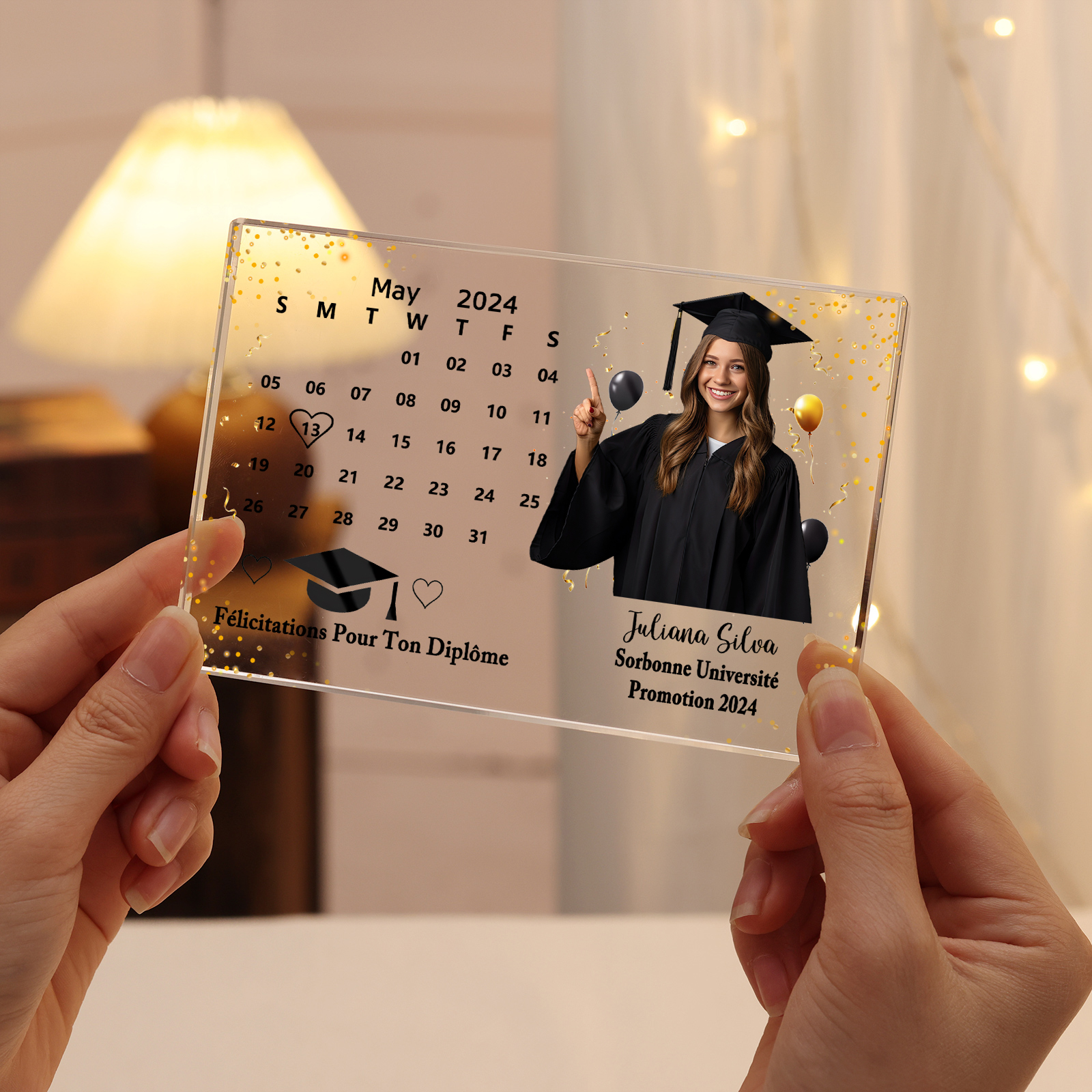 Plaque Acrylique Rectangle Diplômés Prénom et Photo Personnalisés avec Date et 2 Textes Cadeau de Graduation