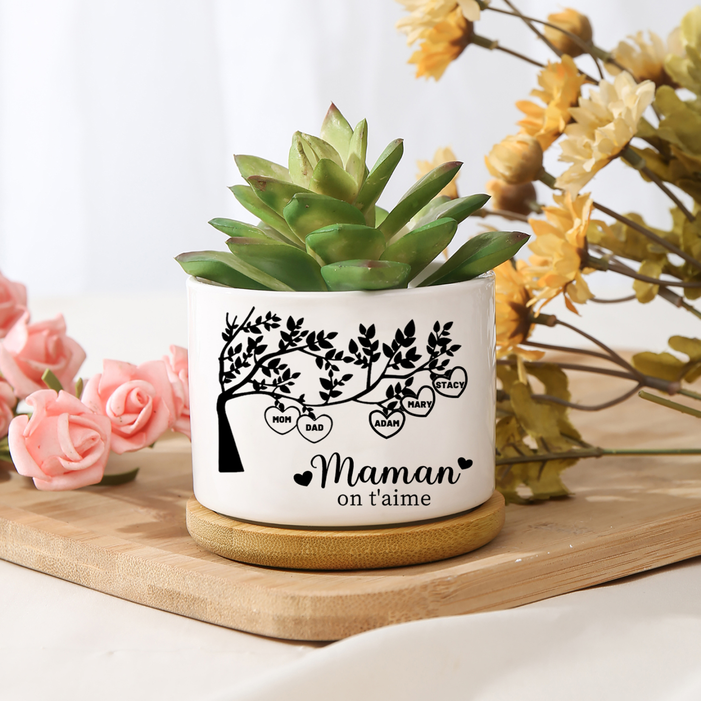 Vase/Pot de Fleurs Arbre de vie 5 Prénoms Personnalisés avec Texte Décoration de la Maison (sans plantes)