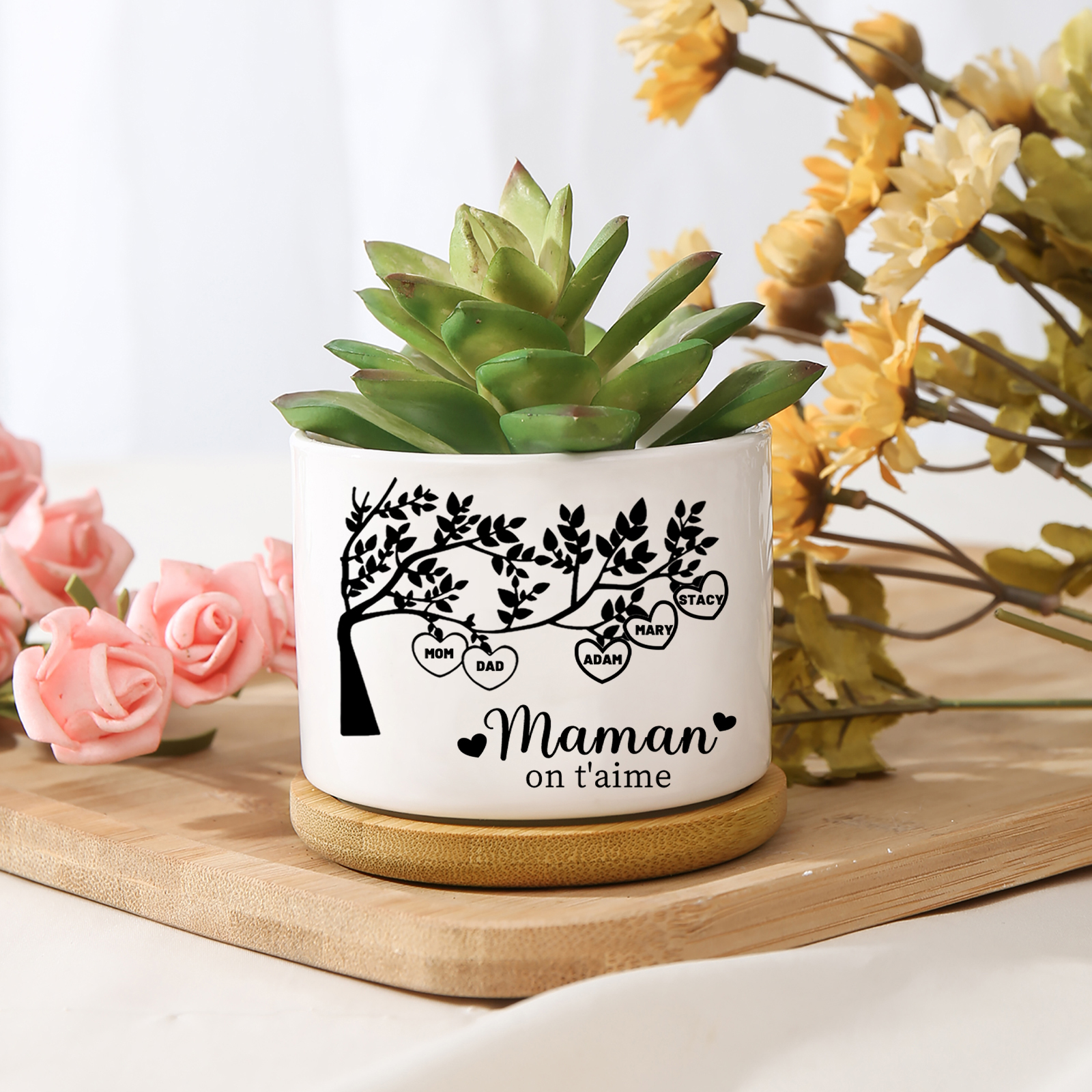 Vase/Pot de Fleurs Arbre de vie 5 Prénoms Personnalisés avec Texte Décoration de la Maison (sans plantes)