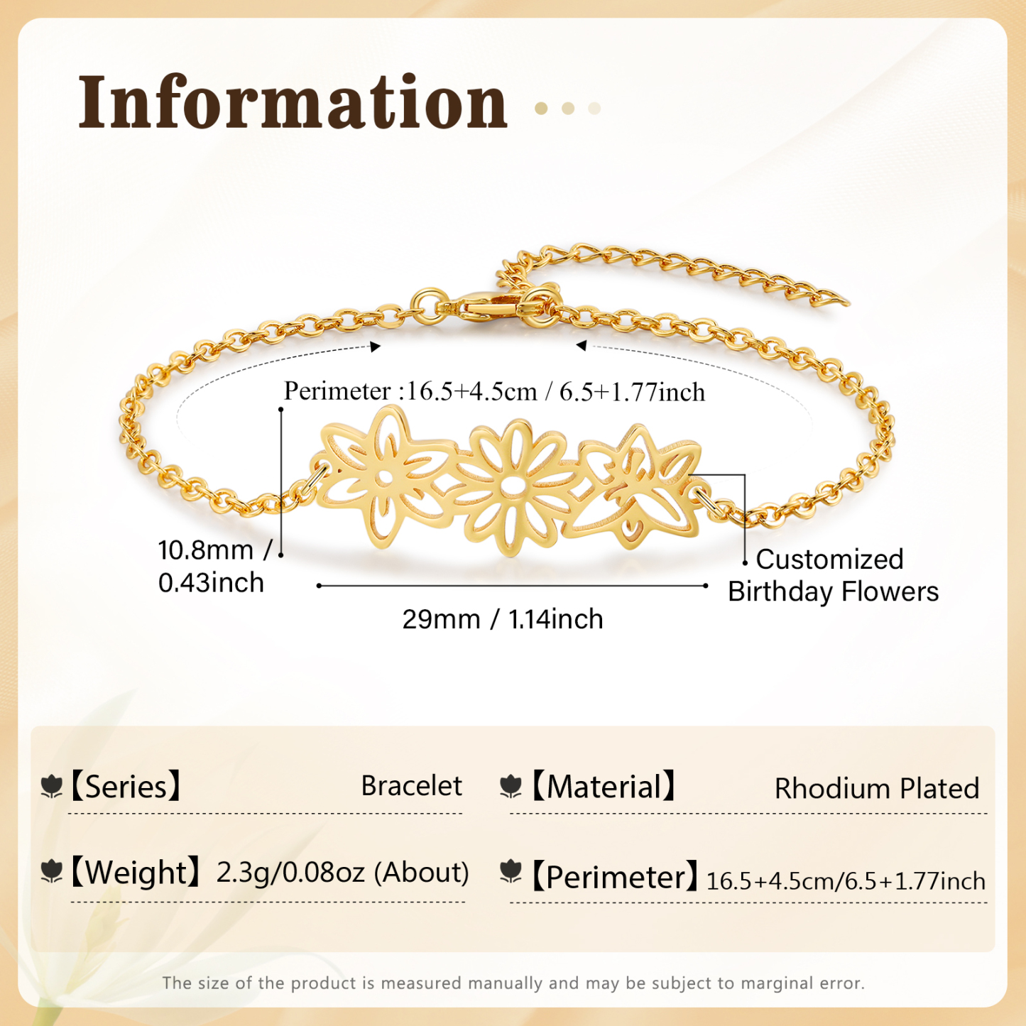 Bracelet 3 Fleurs de Naissance Personnalisées pour Femme