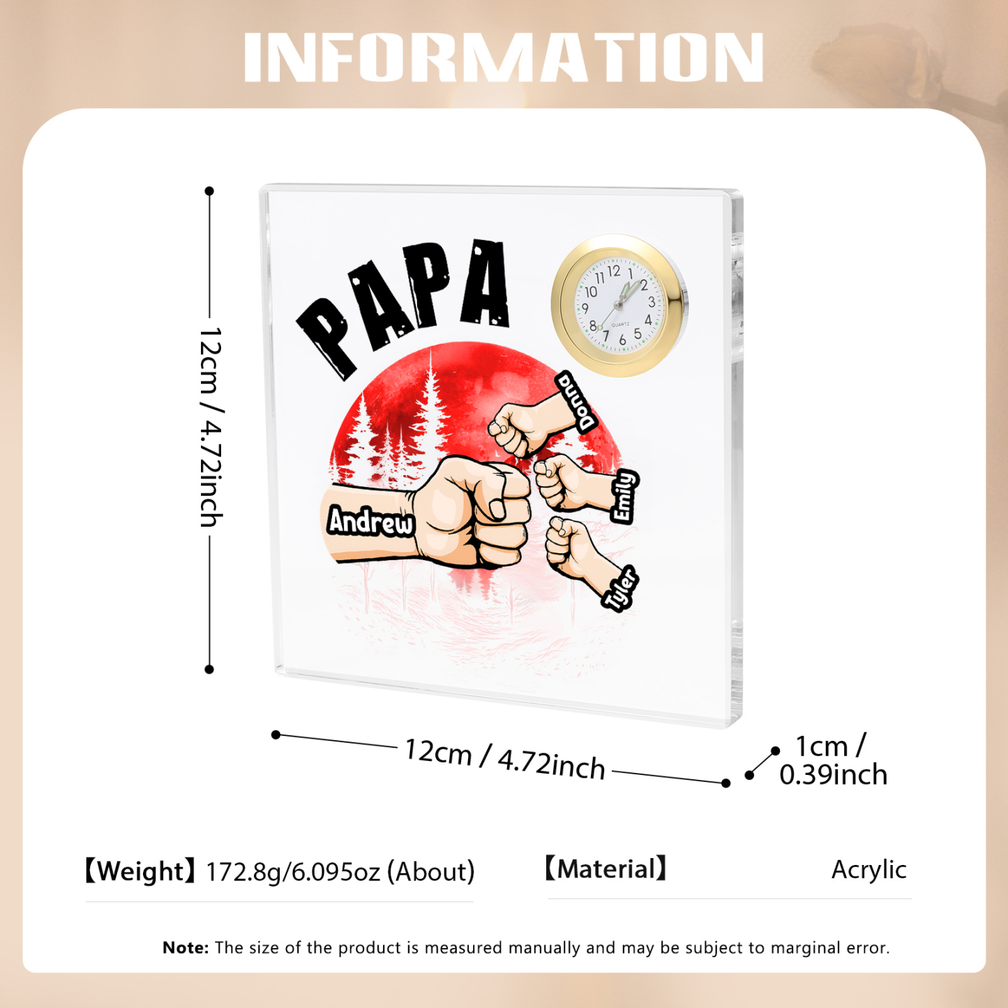 À Papa/Papi - Plaque Acrylique Poings Carré avec Horloge 4 Prénoms et 1 Texte Personnalisés