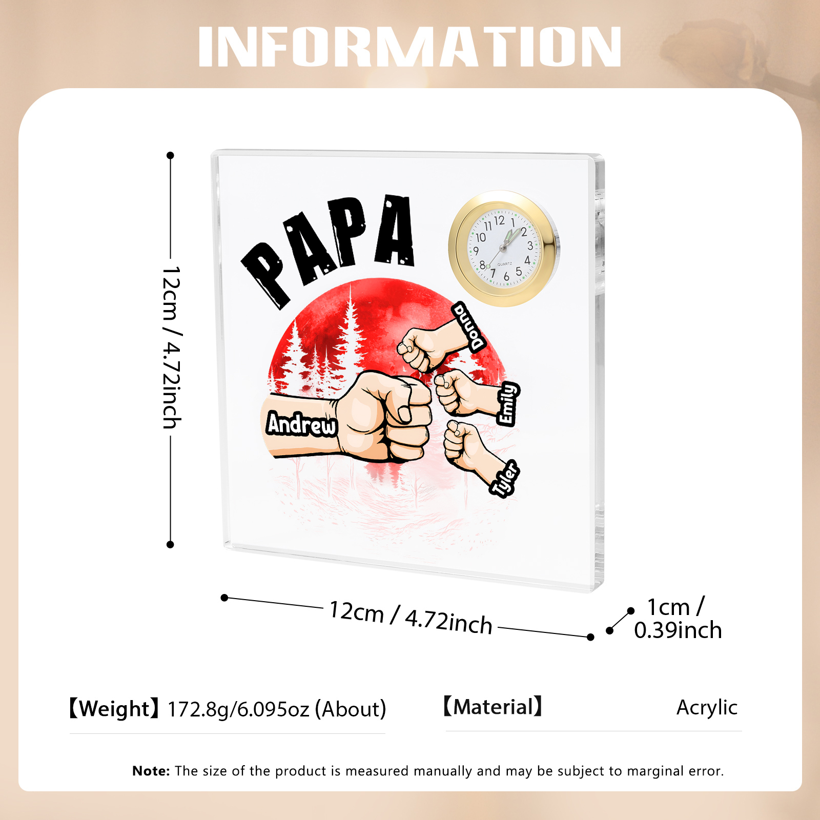 À Papa/Papi - Plaque Acrylique Poings Carré avec Horloge 4 Prénoms et 1 Texte Personnalisés