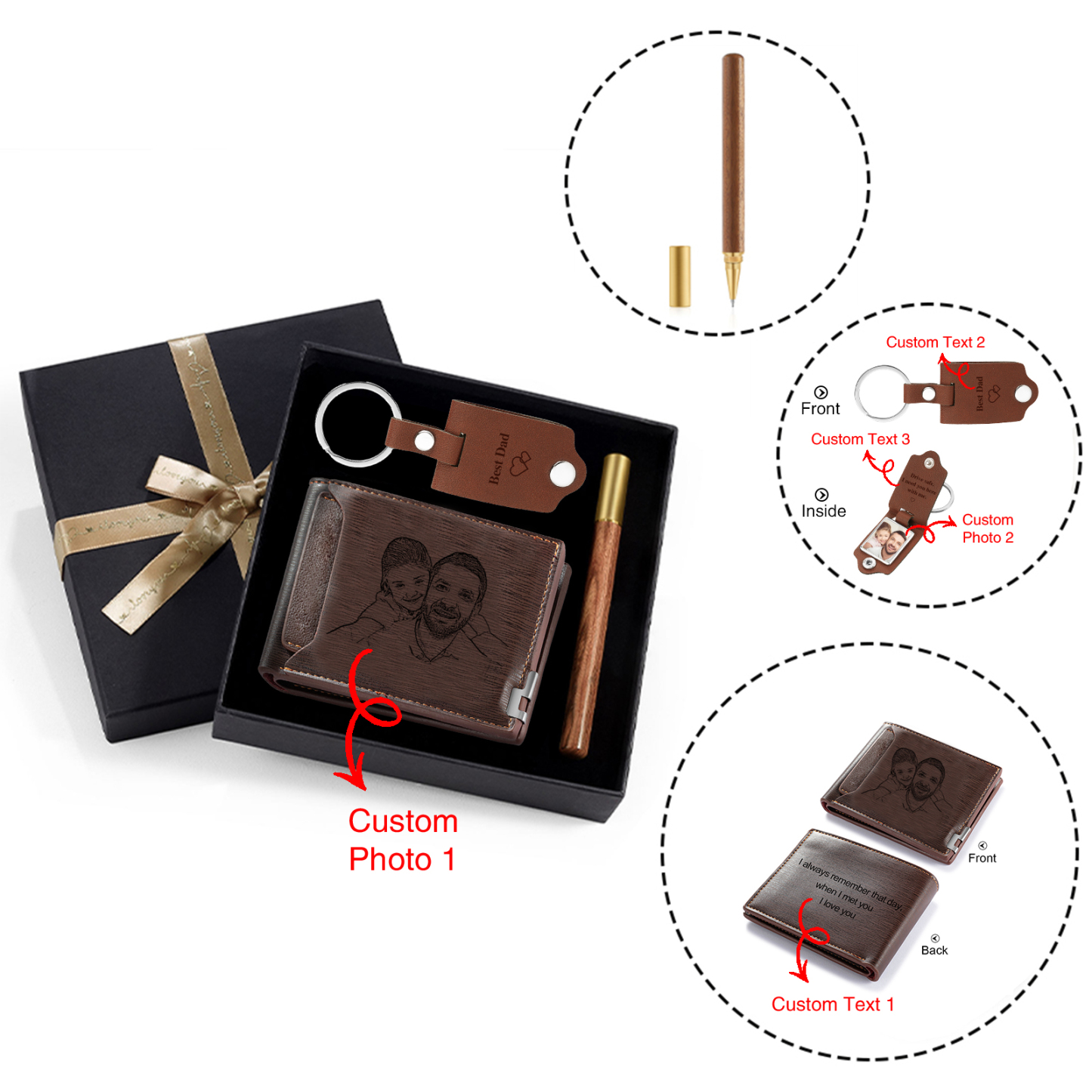 Coffret Cadeau 3PCS - Portefeuille classique Porte-Clés et Stylo 3 Textes Personnalisés avec 2 Photos Coffret Cadeau pour Homme