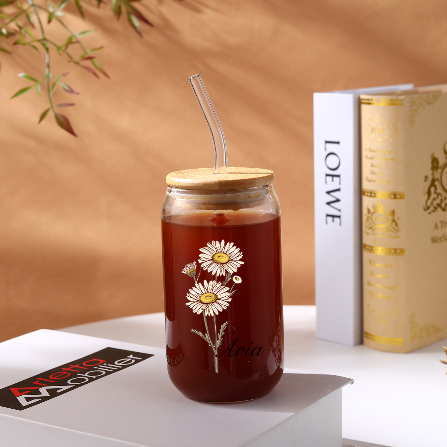 Tasse en Verre avec Paille Prénom Personnalisé avec Fleur de Naissance Cadeau de remise des Diplômes