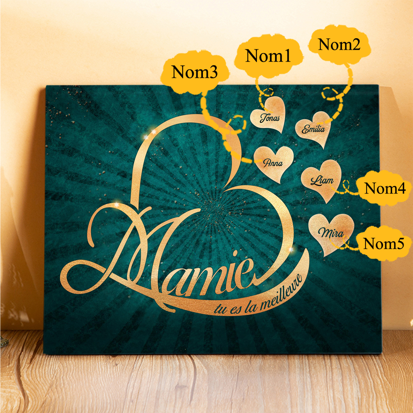 À ma Mamie - Cadre en Bois Cœur 1-6 Prénoms Personnalisés