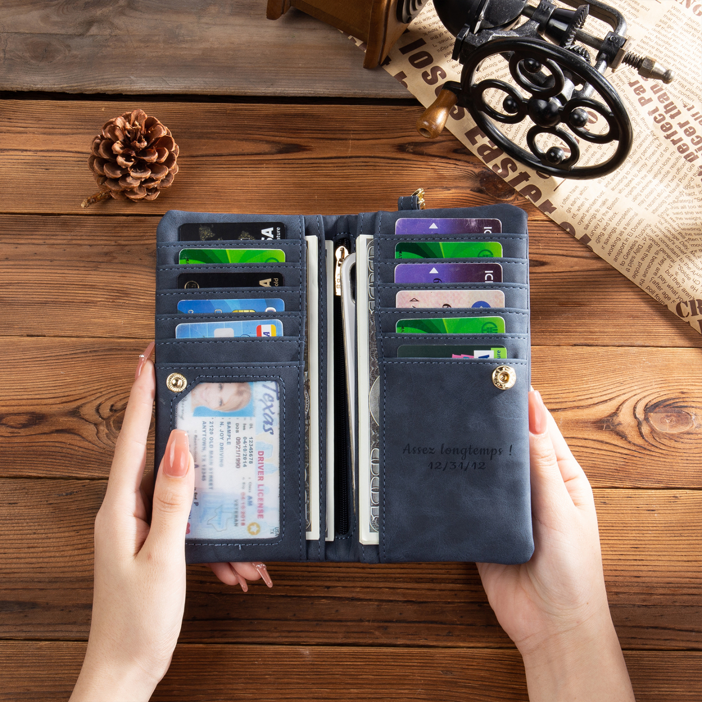 Portefeuille long en cuir PU personnalisé 1 photos avec texte et date