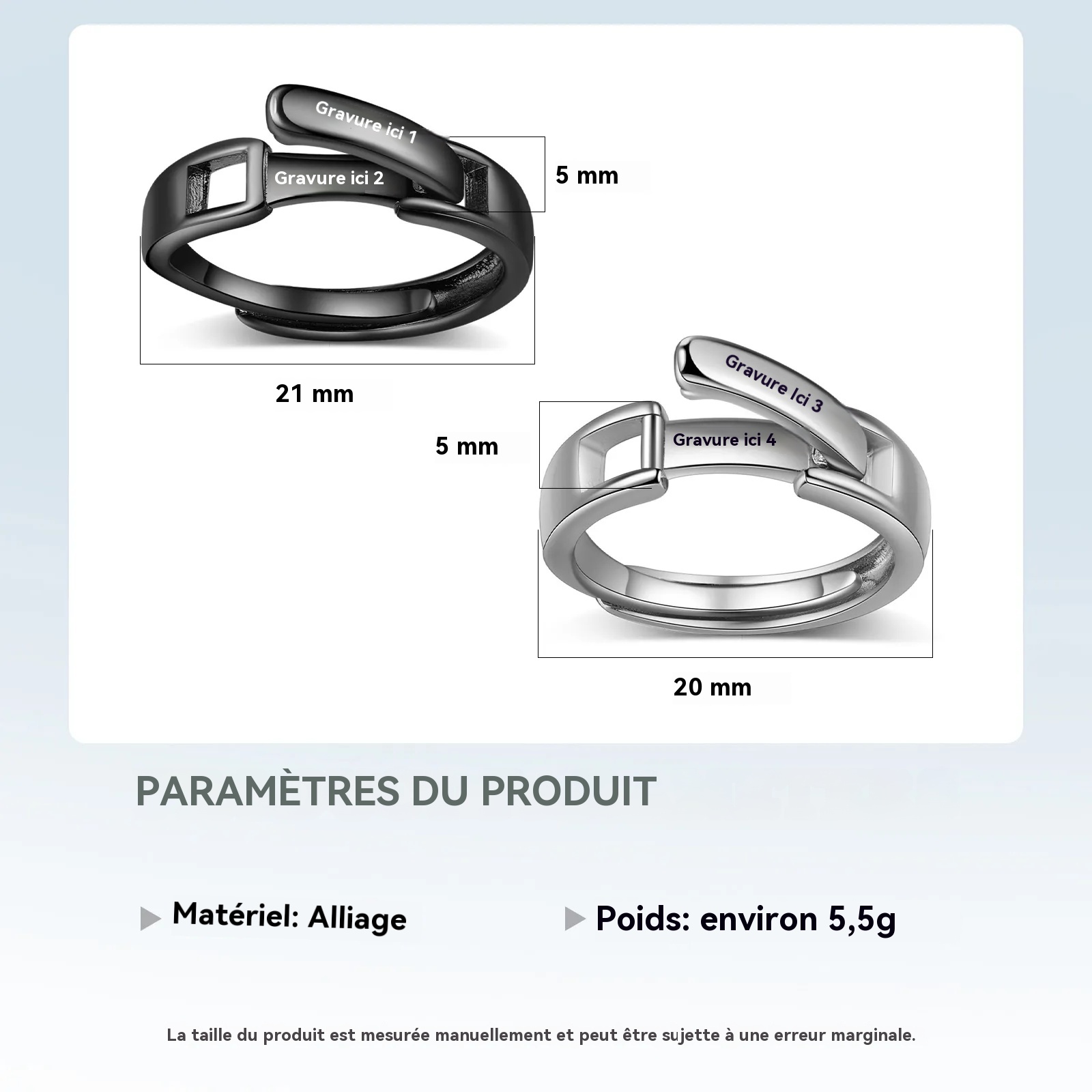 2PCS Bague Personnalisée 4 Textes Personnalisé réglable Cadeau Alliance en Alliage pour Couple | Jessemade