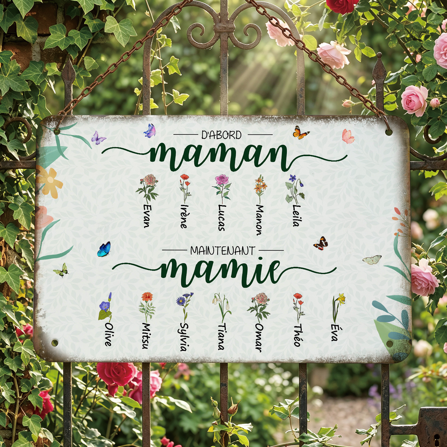 Plaque en Métal Personnalisée avec Prénoms et Fleurs de Naissance « D’abord Maman, maintenant Mamie »