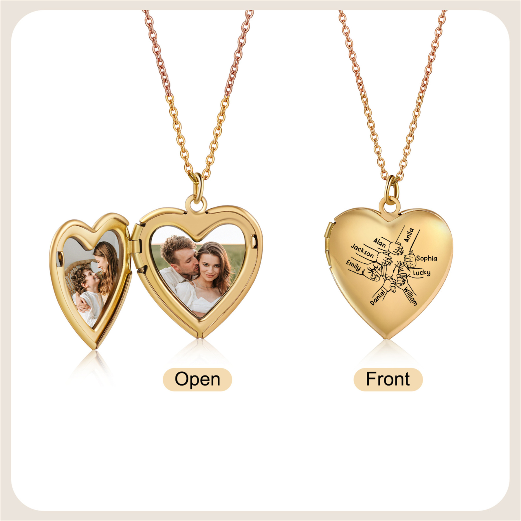 Collier Médaillon Cœur Personnalisé avec 2 Photos et 2 à 8 Prénoms Gravés – Bijou Souvenir Famille