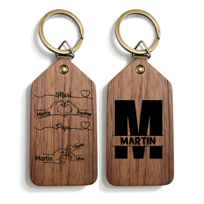 Porte-Clés Photo Personnalisé en Bois avec 2 à 9 Prénoms et des Poings pour Papa ou Mari