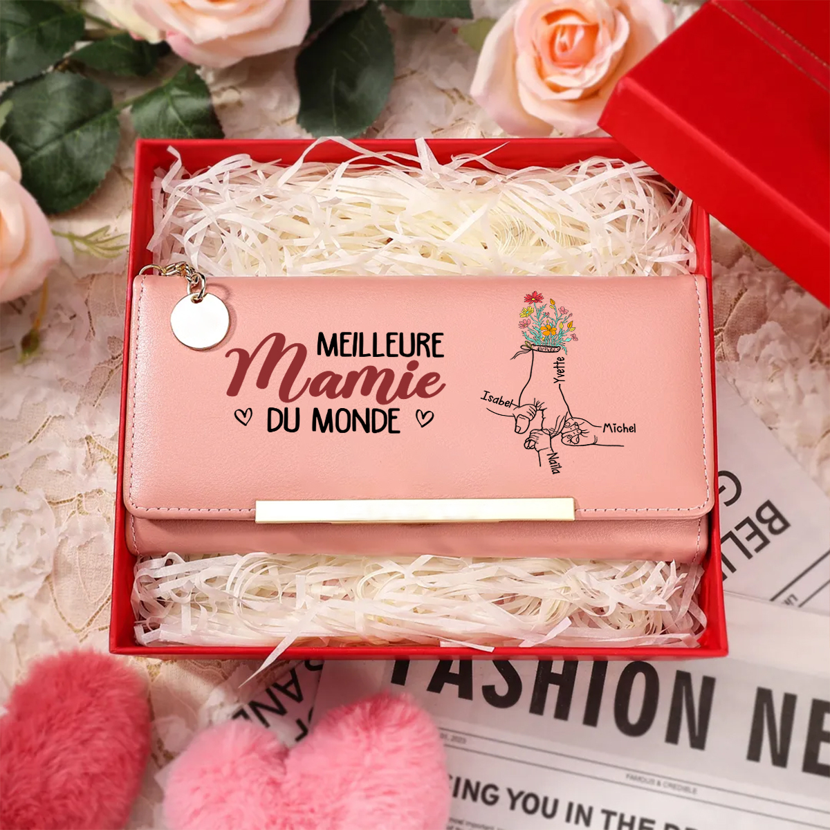 Portefeuille en cuir personnalisé pour femmes, personnalisable avec 1 à 6 prénoms, cadeau de Fête des Mères ou d’anniversaire pour maman ou grand-mère de la part des enfants, souvenir pratique | Kettenmachen