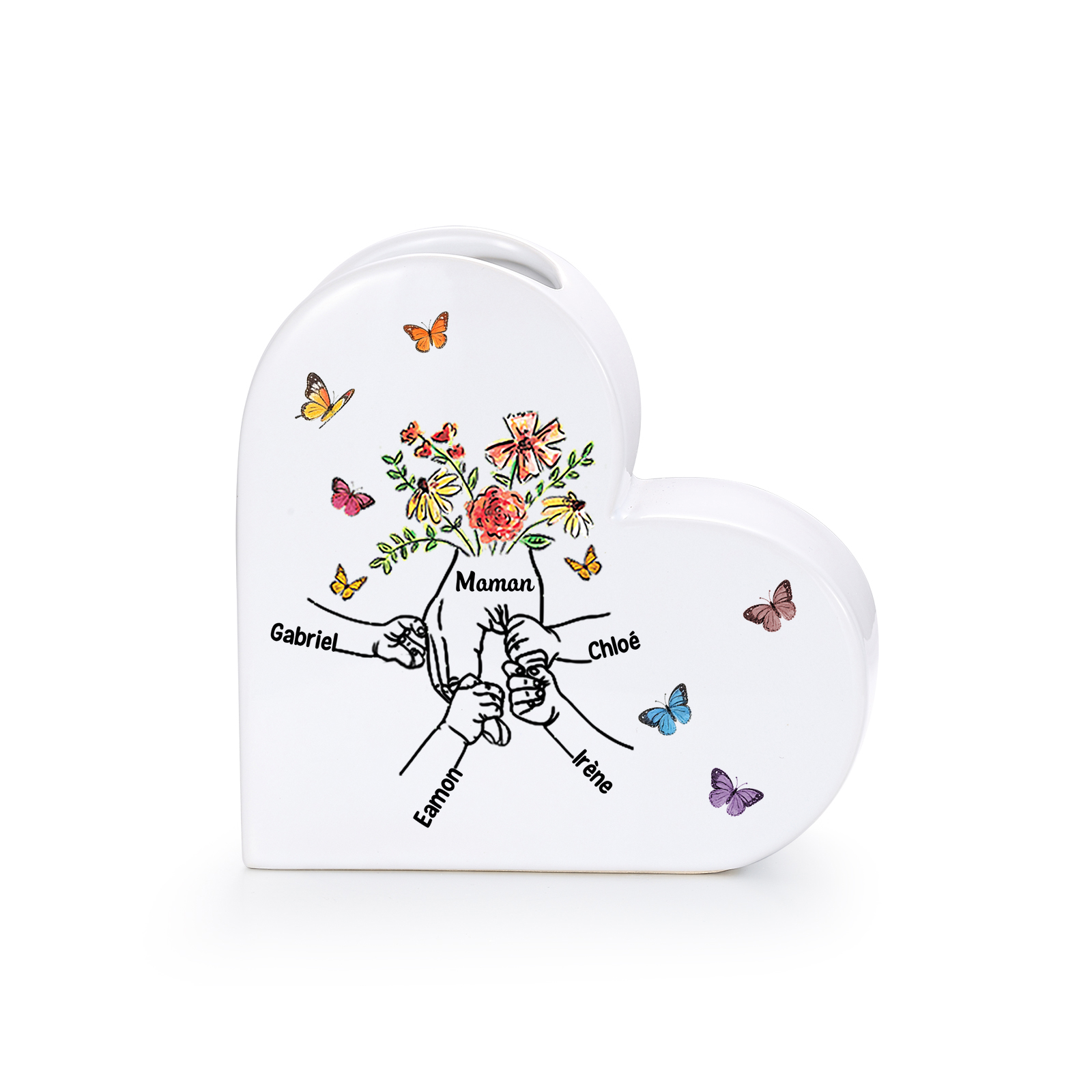 Vase Cœur en Céramique Personnalisé (2–8 Prénoms), Motif « Mains dans la main », Cadeau pour Maman ou Mamie
