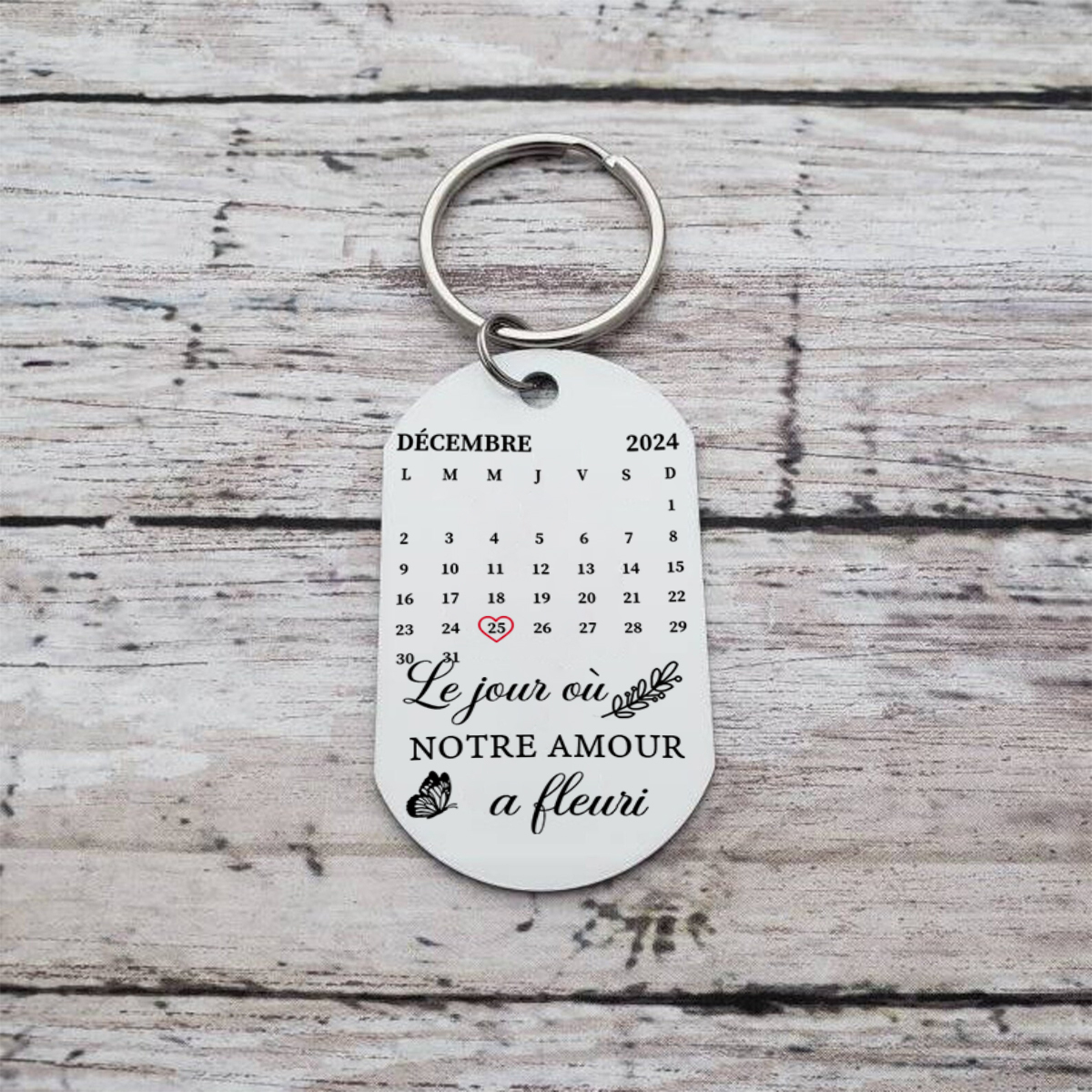 Porte-clés calendrier floral personnalisé inox - Le jour où notre amour a fleuri