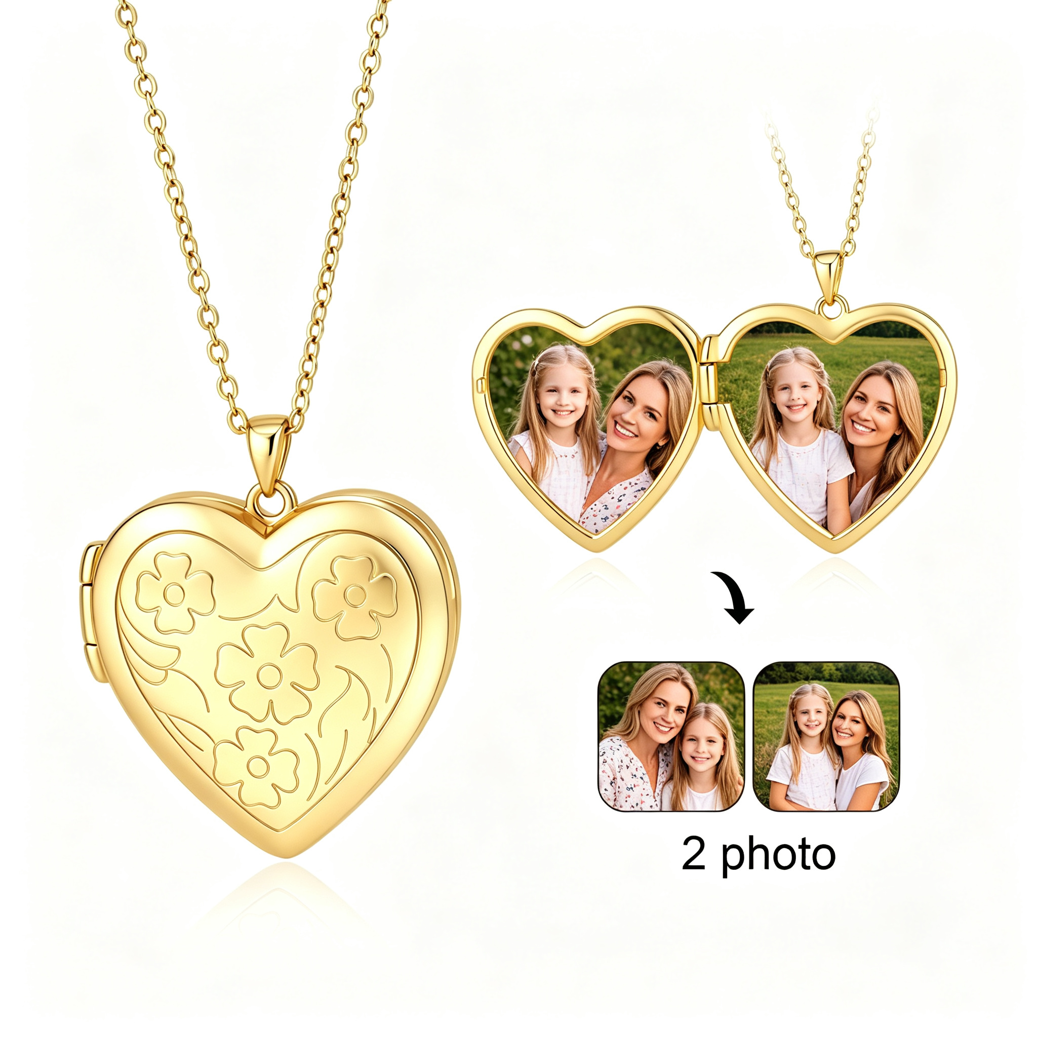 Collier Médaillon Cœur Floral NFC Personnalisé avec 2 Photos – Bijou pour Femme