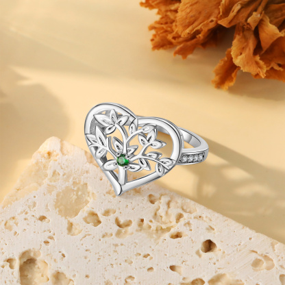 Bague Arbre de Vie Personnalisée – Anneau Cœur avec Pierres de Naissance et Gravure de Noms
