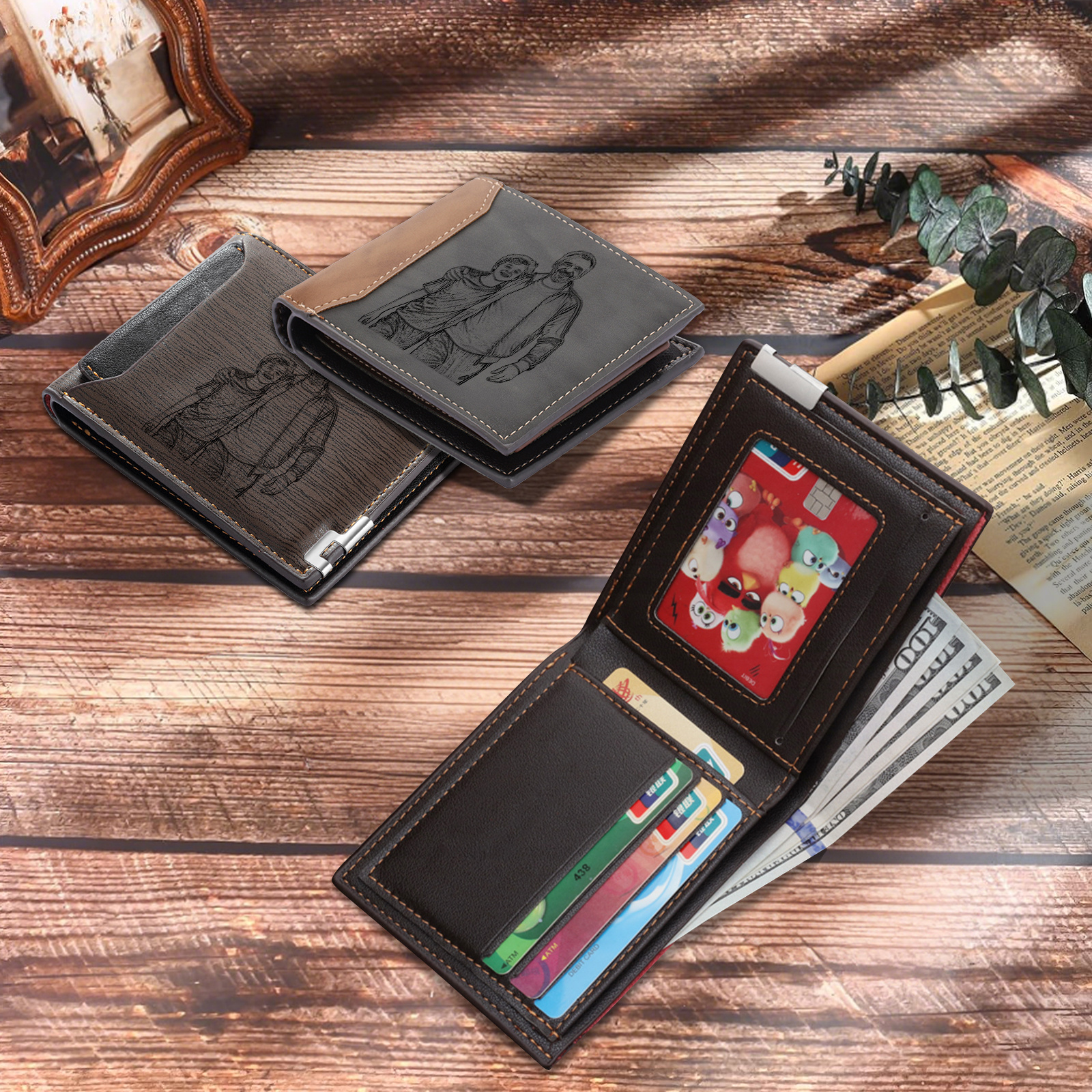 Portefeuille Personnalisé en Cuir PU pour Homme avec Photo Gravée et Initiale