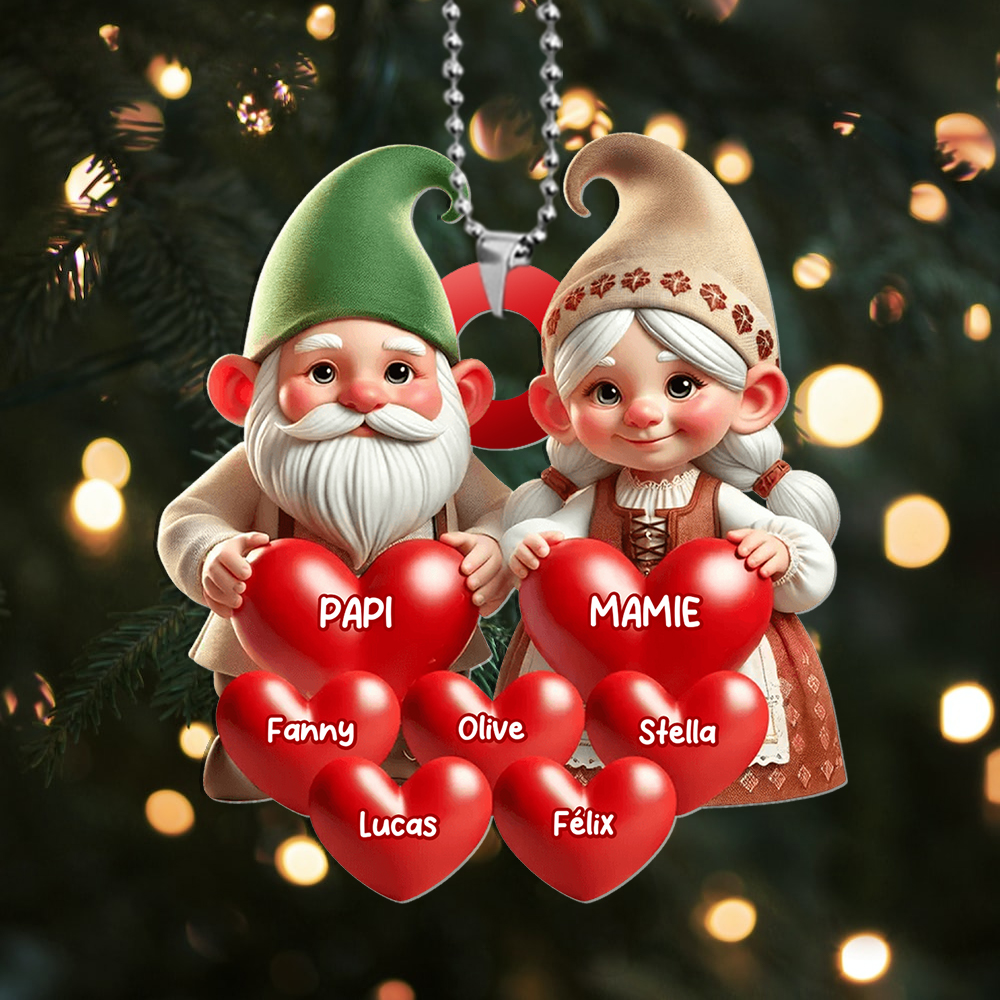Décoration Sapin de Noël Gnomes Famille, Cœurs et Nom personnalisés