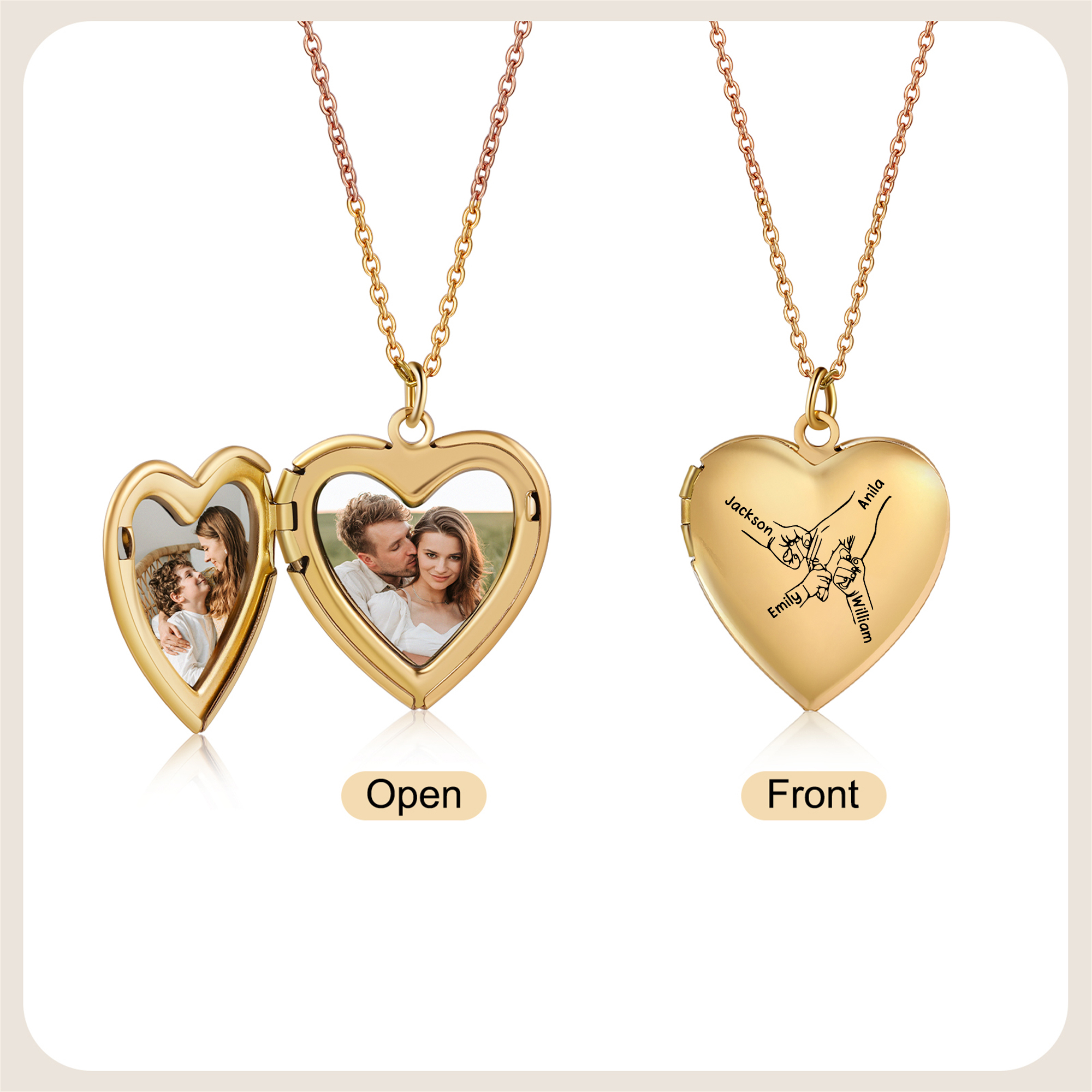 Collier Médaillon Cœur Personnalisé avec 2 Photos et 2 à 8 Prénoms Gravés – Bijou Souvenir Famille