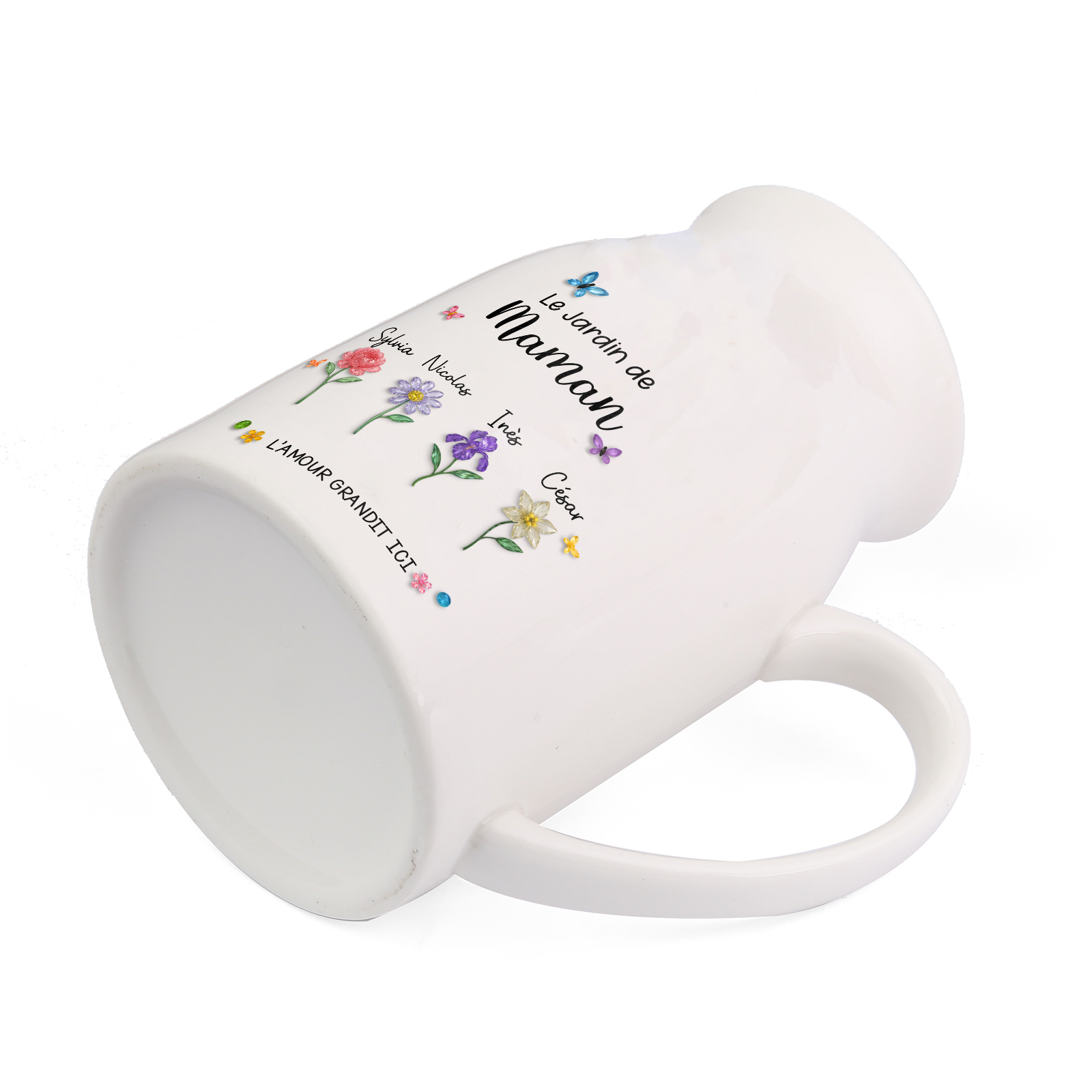 Vase en céramique personnalisée « Le jardin de maman ou mamie » avec 1 à 10 fleurs de naissance et prénoms (sans fleurs)