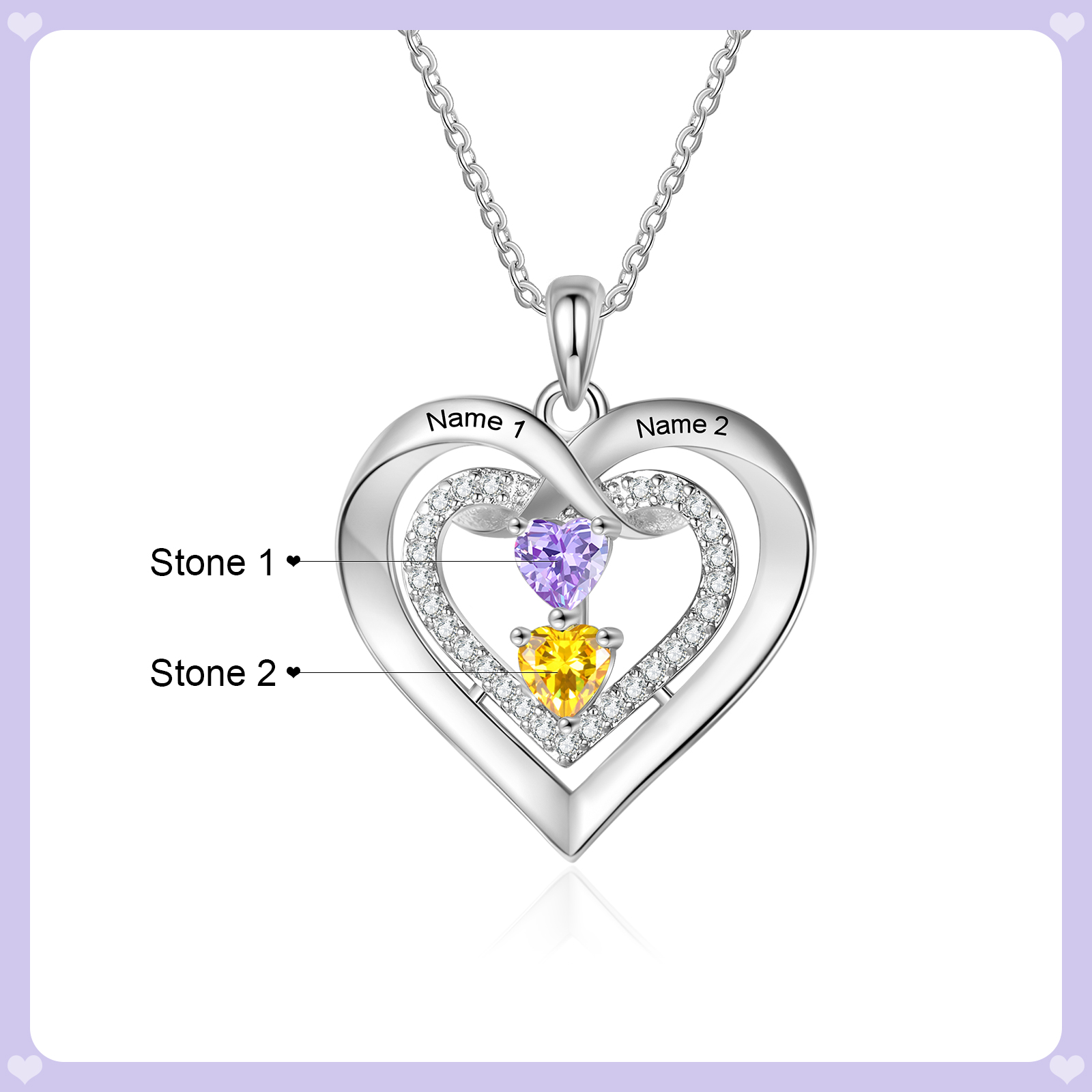 Collier Double Cœur Personnalisé avec Prénoms et 2-4 Pierres de Naissance