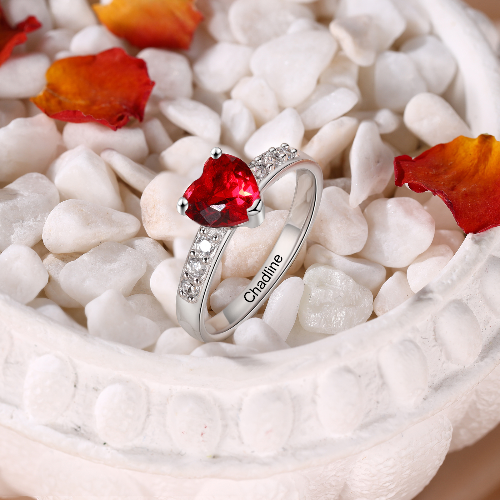 Bague Cœur Personnalisée en Argent 925 avec Pierre de Naissance – Gravure de Prénom pour Femme