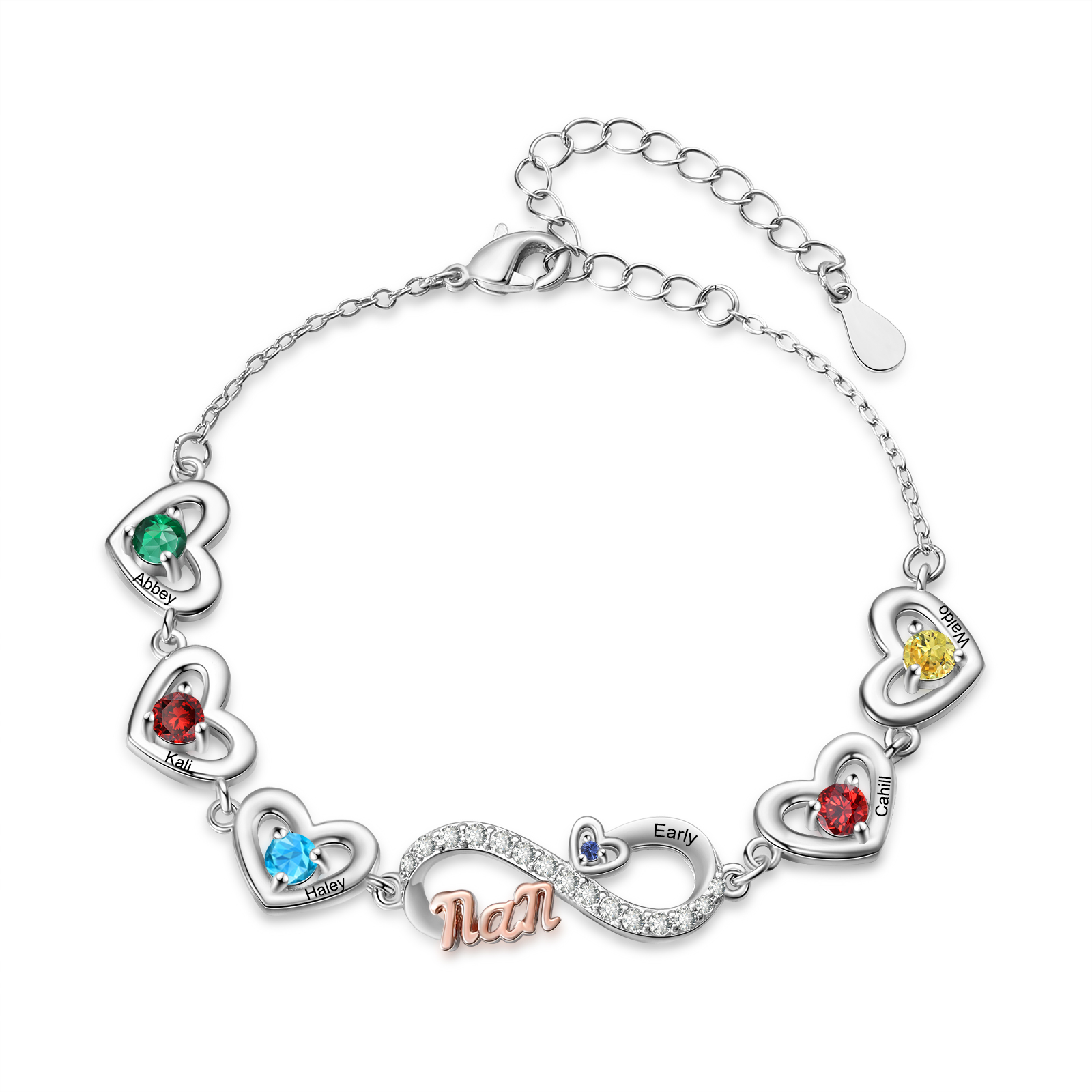 Bracelet Cœur Infini Personnalisé avec Pierres de naissance pour Maman, personnalisable avec 2 à 6 Prénoms