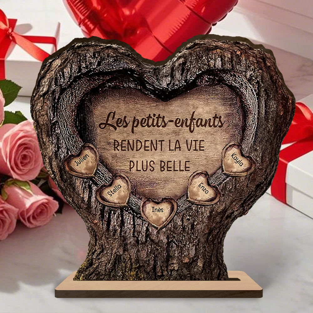 Plaque en bois personnalisée cœur-tronc avec prénoms des petits-enfants cadeau Papi et Mamie