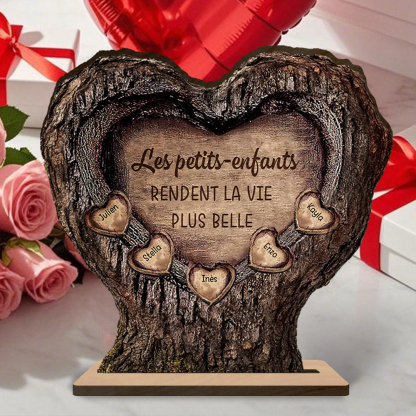 Plaque en bois personnalisée cœur-tronc avec prénoms des petits-enfants cadeau Papi et Mamie