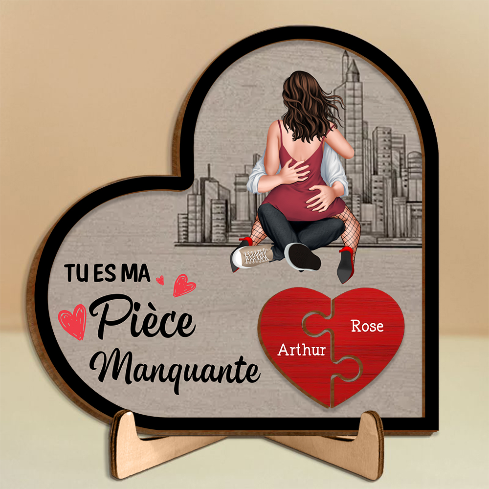 Plaque en Bois Cœur Puzzle avec Socle pour Couple, «Tu es ma pièce manquante»