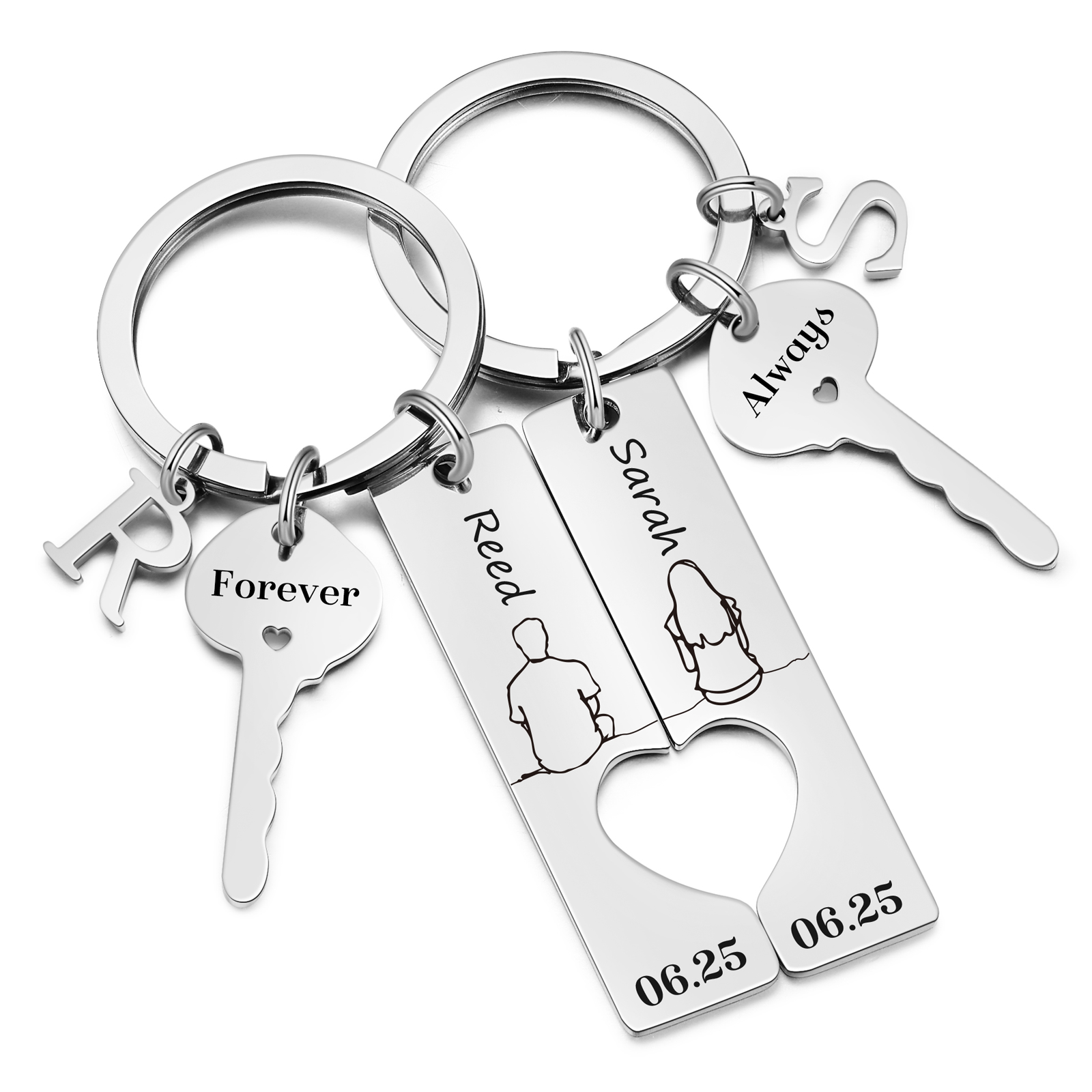 Porte-Clés pour Couple avec Cœur Découpé, Personnalisé avec Prénoms et Initiales, cadeau de Saint-Valentin