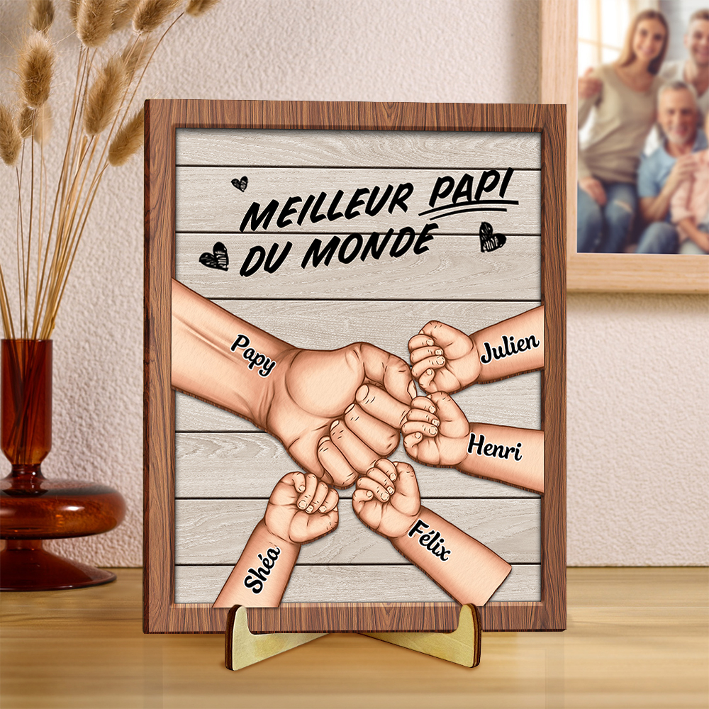 Plaque en bois personnalisée Papi 1 à 8 Prénoms et Poing, cadeau pour la Fête des grands-pères| Jessemade