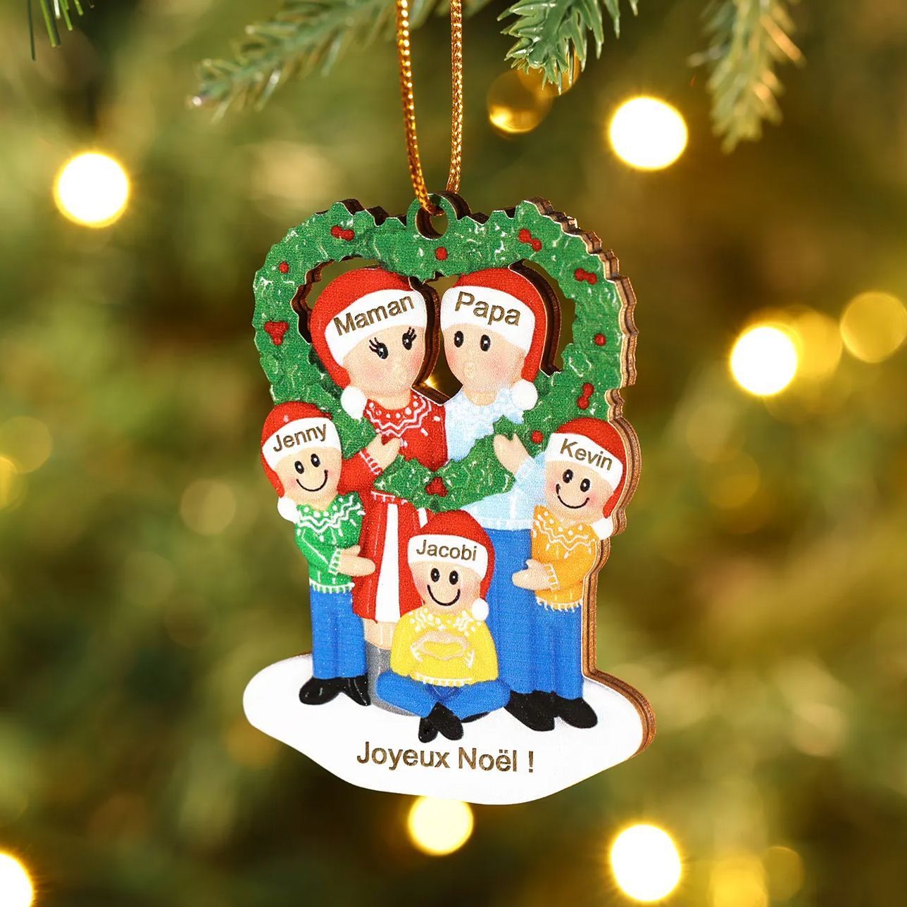Décoration Sapin Noël Cœur 5 Prénoms Personnalisés avec Texte Ornement Sapin en Bois Cadeau pour Famille | Jessemade