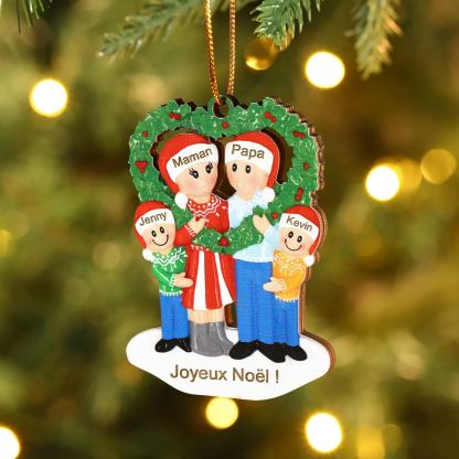 Décoration Sapin Noël Cœur 4 Prénoms Personnalisés avec Texte Ornement Sapin en Bois Cadeau pour Famille | Jessemade
