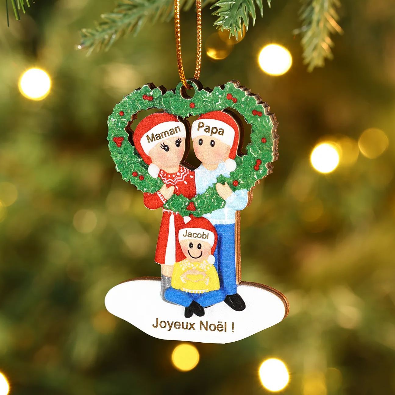 Décoration Sapin Noël Cœur 3 Prénoms Personnalisés avec Texte Ornement Sapin en Bois Cadeau pour Famille | Jessemade