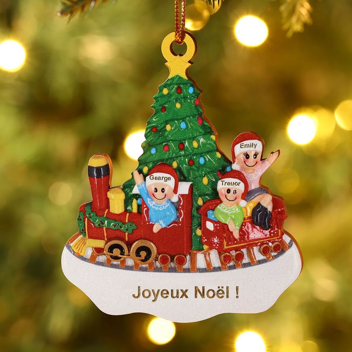 Décoration Sapin Noël 3 Prénoms Personnalisés avec Texte Ornement Train et Sapin en Bois pour Famille | Jessemade