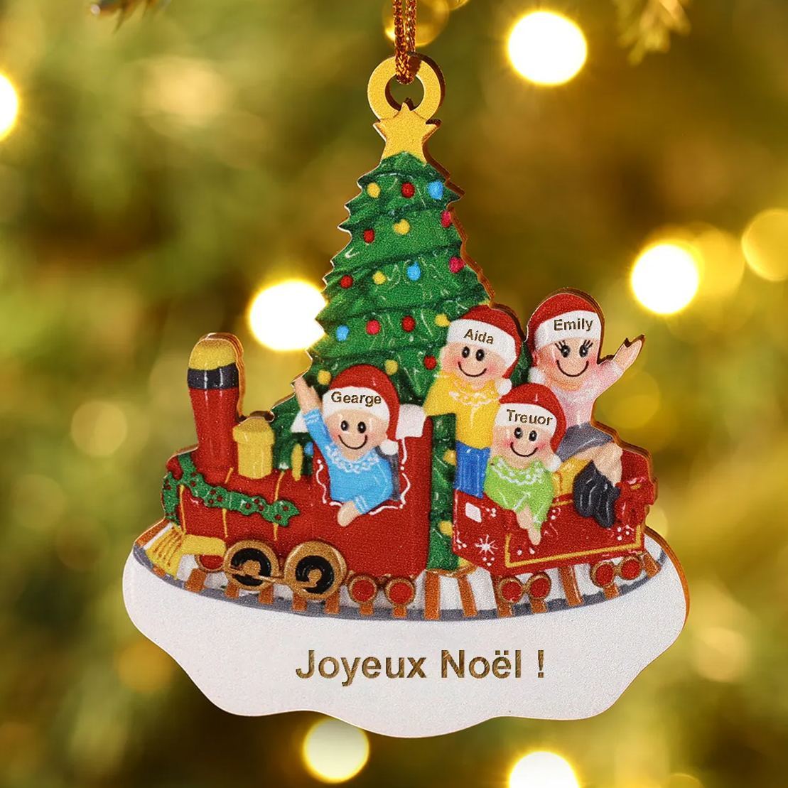 Décoration Sapin Noël 4 Prénoms Personnalisés avec Texte Ornement Train et Sapin en Bois pour Famille | Jessemade
