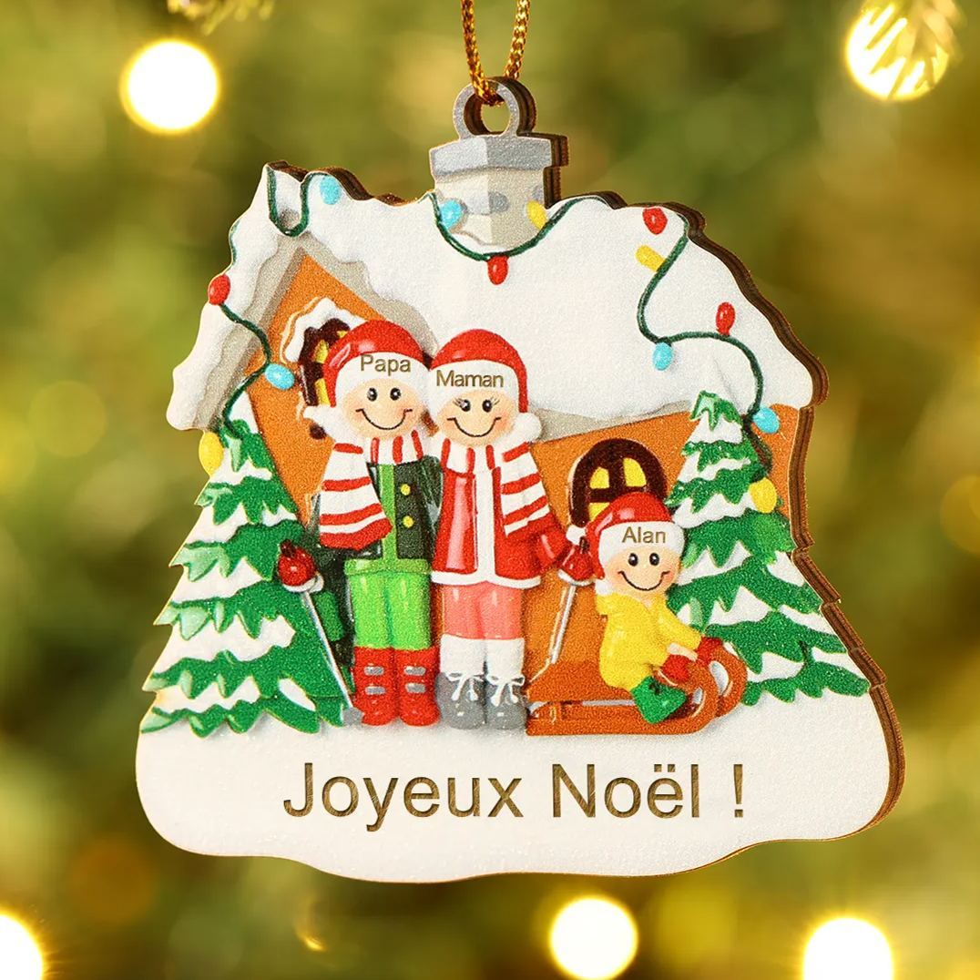 Ornements en bois Sapin Noël 3 Prénoms Personnalisés avec Texte Ornement Maison et Sapin en Bois pour Famille | Jessemade