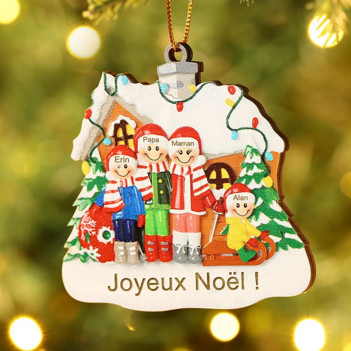 Ornements en bois Sapin Noël 4 Prénoms Personnalisés avec Texte Ornement Maison et Sapin en Bois pour Famille | Jessemade