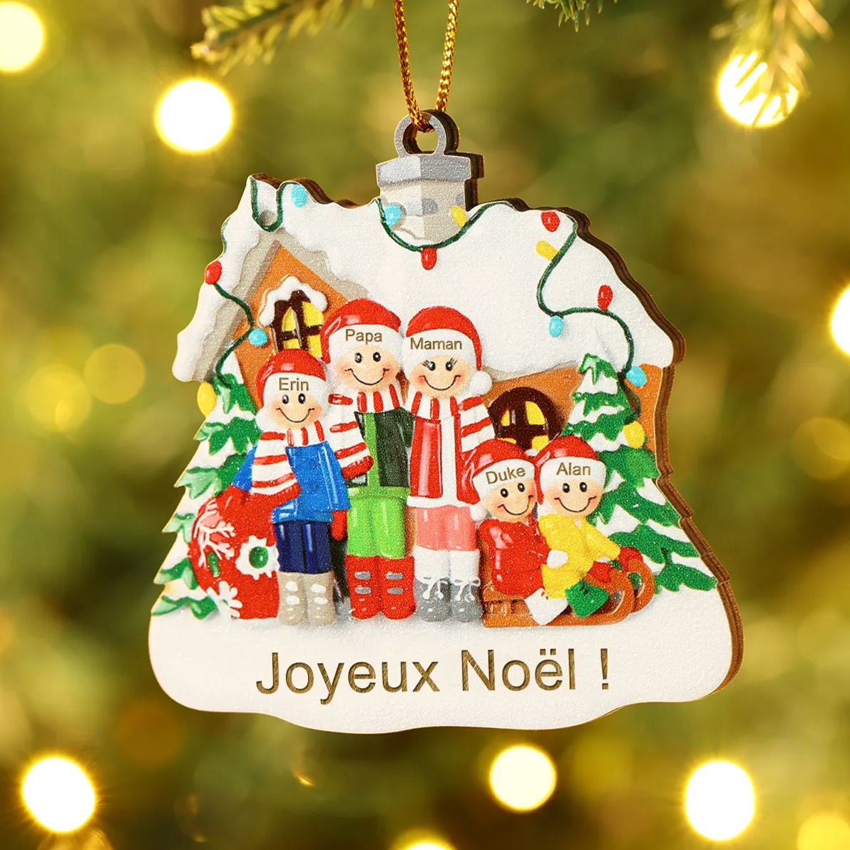 Ornements en bois Sapin Noël 5 Prénoms Personnalisés avec Texte Ornement Maison et Sapin en Bois pour Famille | Jessemade