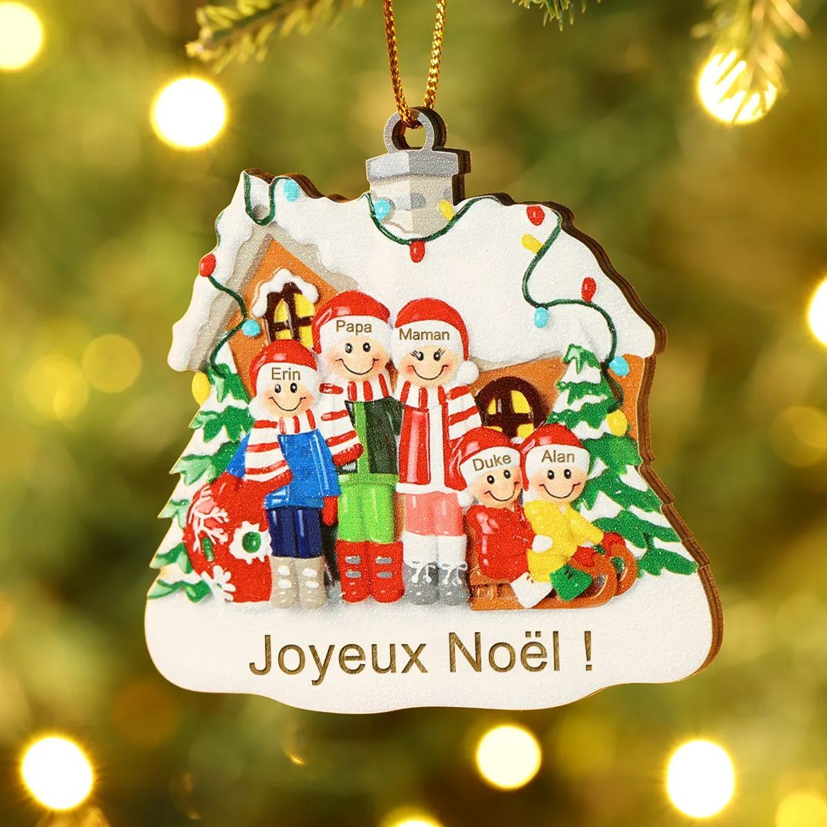 Ornements en bois Sapin Noël 5 Prénoms Personnalisés avec Texte Ornement Maison et Sapin en Bois pour Famille | Jessemade