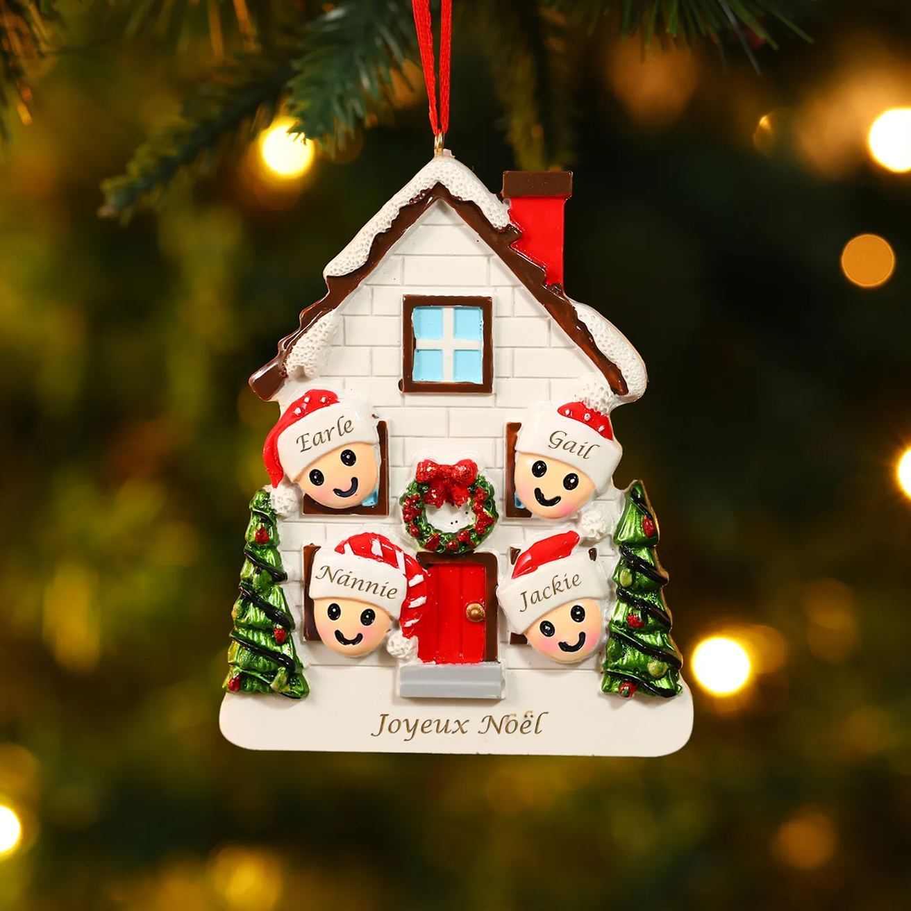 Décoration Sapin Noël en Résine maison et enfants 4 Prénoms Personnalisé avec Texte Ornement pour Famille | Jessemade