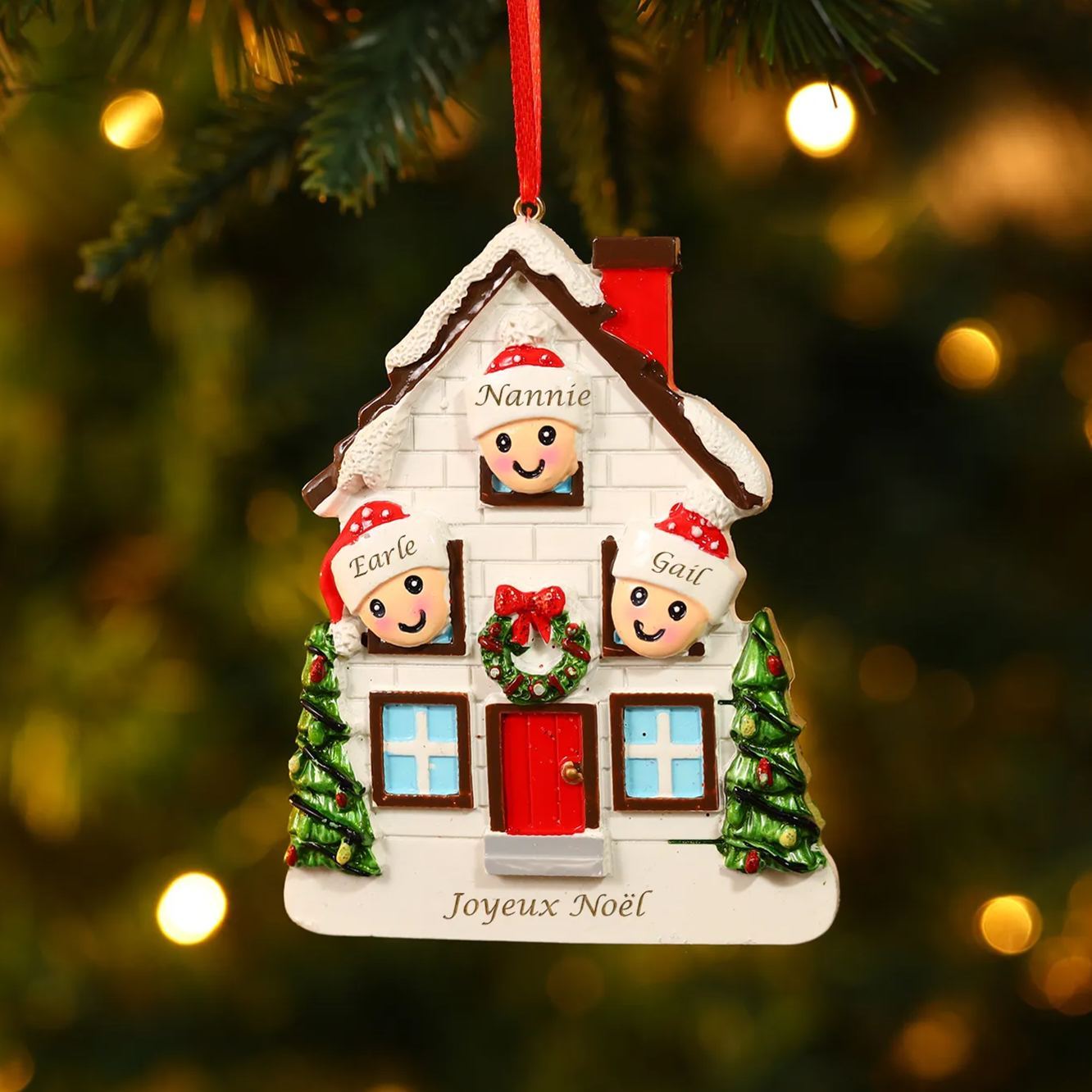 Décoration Sapin Noël en Résine maison et enfants 3 Prénoms Personnalisé avec Texte Ornement pour Famille | Jessemade