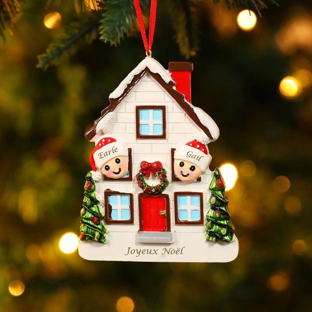 Décoration Sapin Noël en Résine maison et enfants 2 Prénoms Personnalisé avec Texte Ornement pour Famille | Jessemade