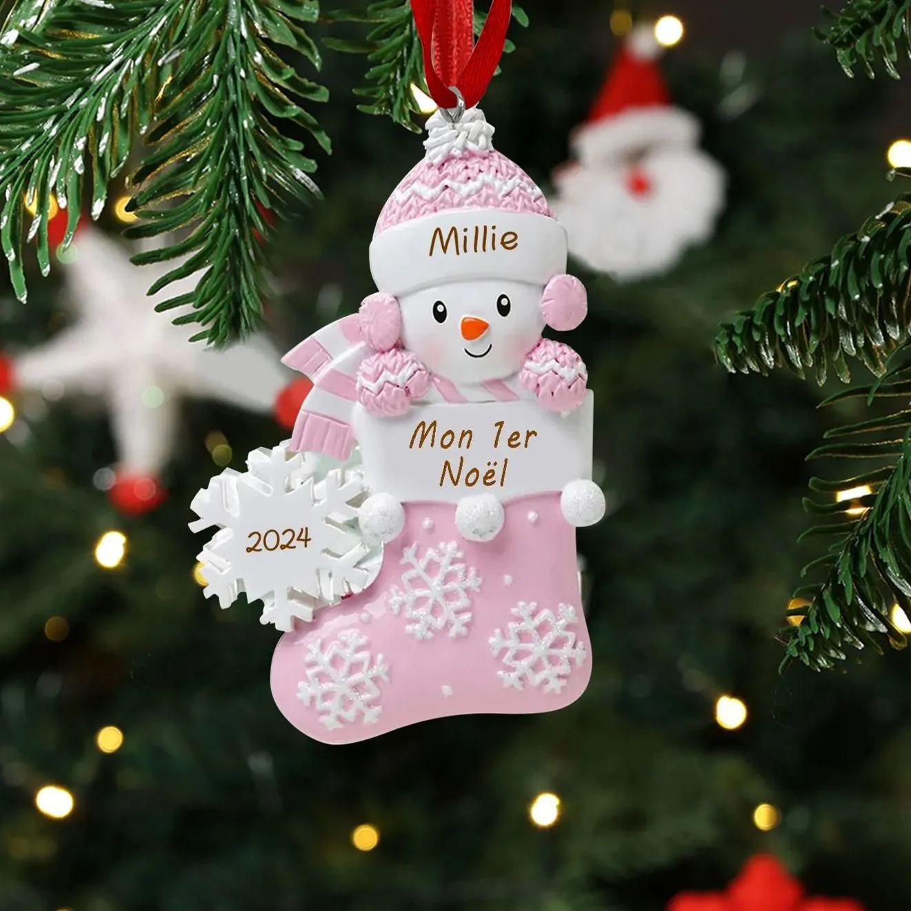 Décoration Sapin Noël Chaussette 1 Prénom Personnalisé avec Texte et Années Ornement en Résine pour BéBé | Jessemade