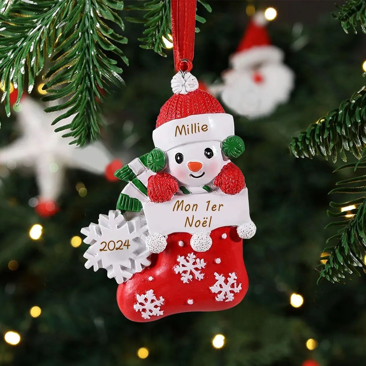 Décoration Sapin Noël Chaussette 1 Prénom Personnalisé avec Texte et Années Ornement en Résine pour BéBé | Jessemade