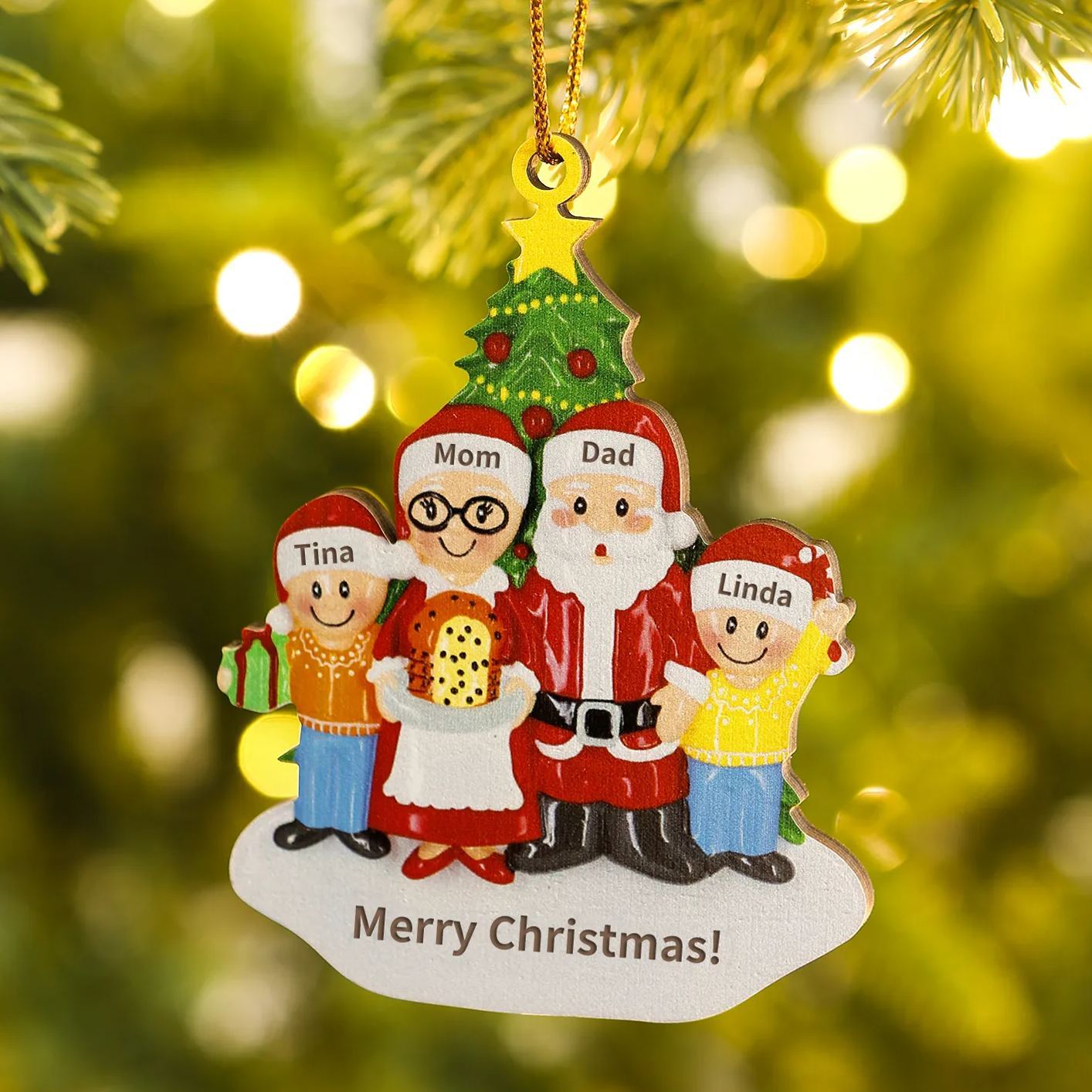 Décoration Sapin Noël en Bois Personnalisé avec 4 Prénoms et 1 Texte Ornement pour Famille | Jessemade