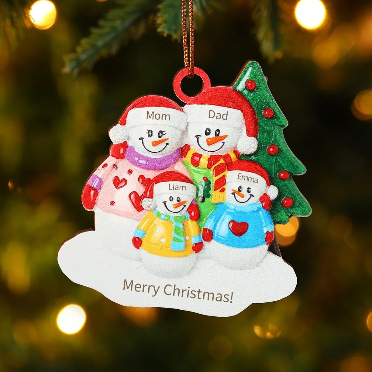 Décoration Sapin Noël Bonhomme de neige 4 Prénoms Personnalisés avec Texte Ornement en Bois pour Famille | Jessemade