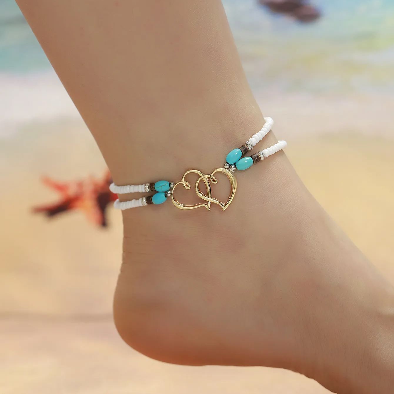 Bracelet de cheville Bohème avec Coeur et Perles pour Femmes | Jessemade
