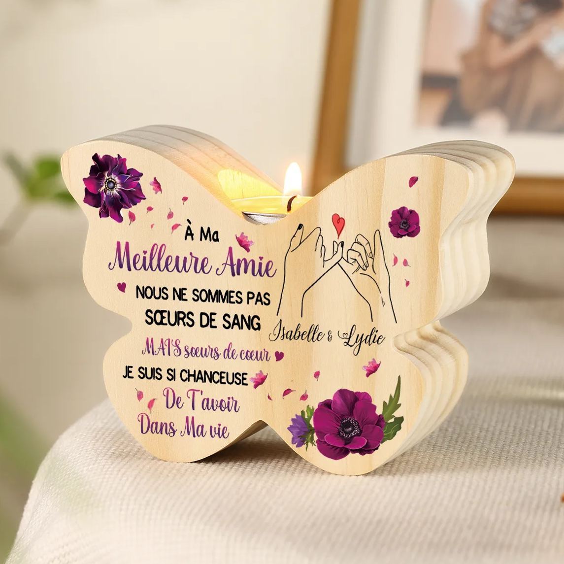 À Ma Meilleure Amie Bougeoir en Bois fleur et main 2 Prénoms Personnalisés Cadeau pour Amie Précieuse sans bougie | Jessemade
