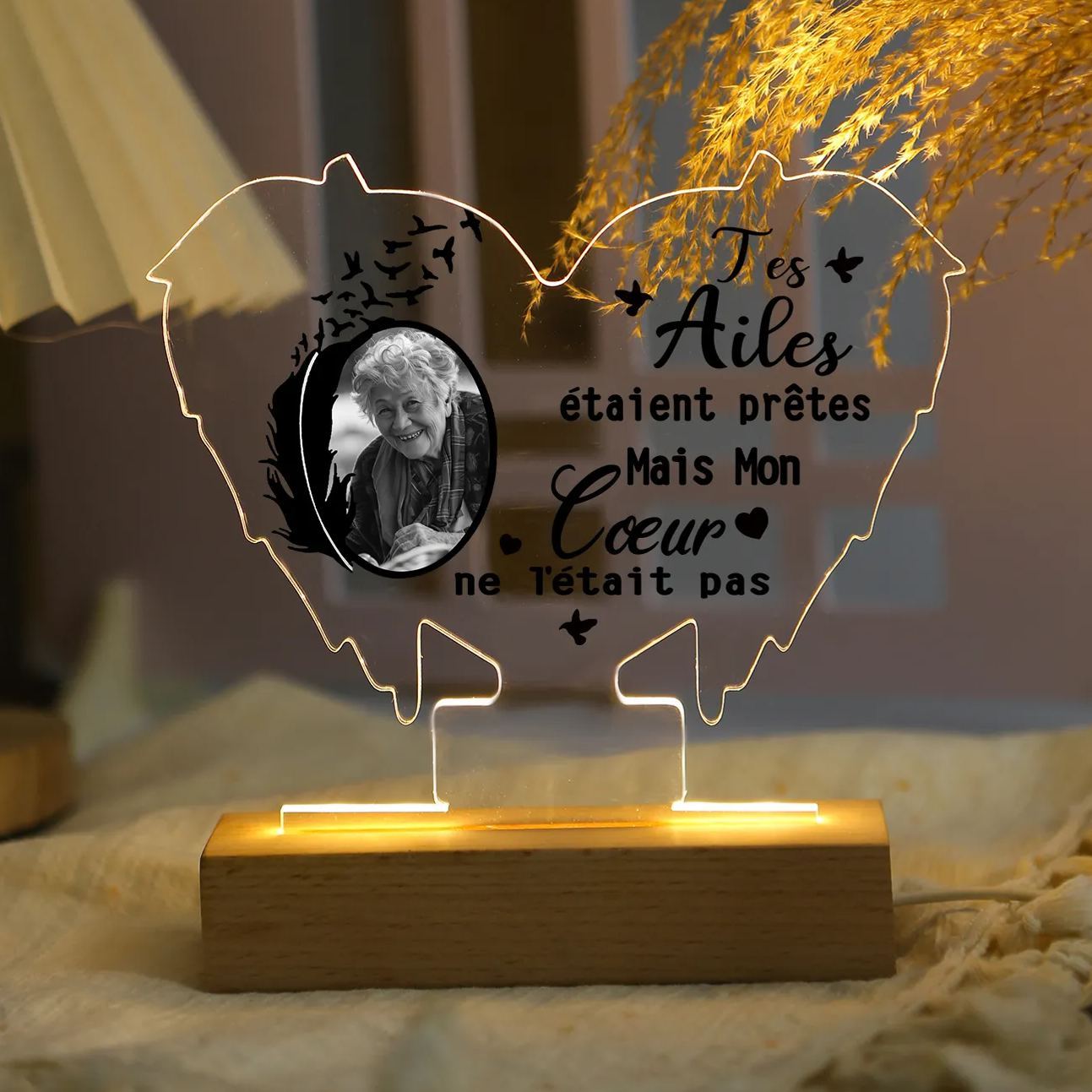 Lampe de chevet en forme de aile LED Lumières 1 photo personnalisé Cadeau Commémoratif pour mamie ou papi | Jessemade